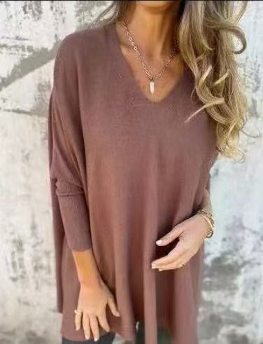 Women's Loose V-Neck Top with Dipped Hem