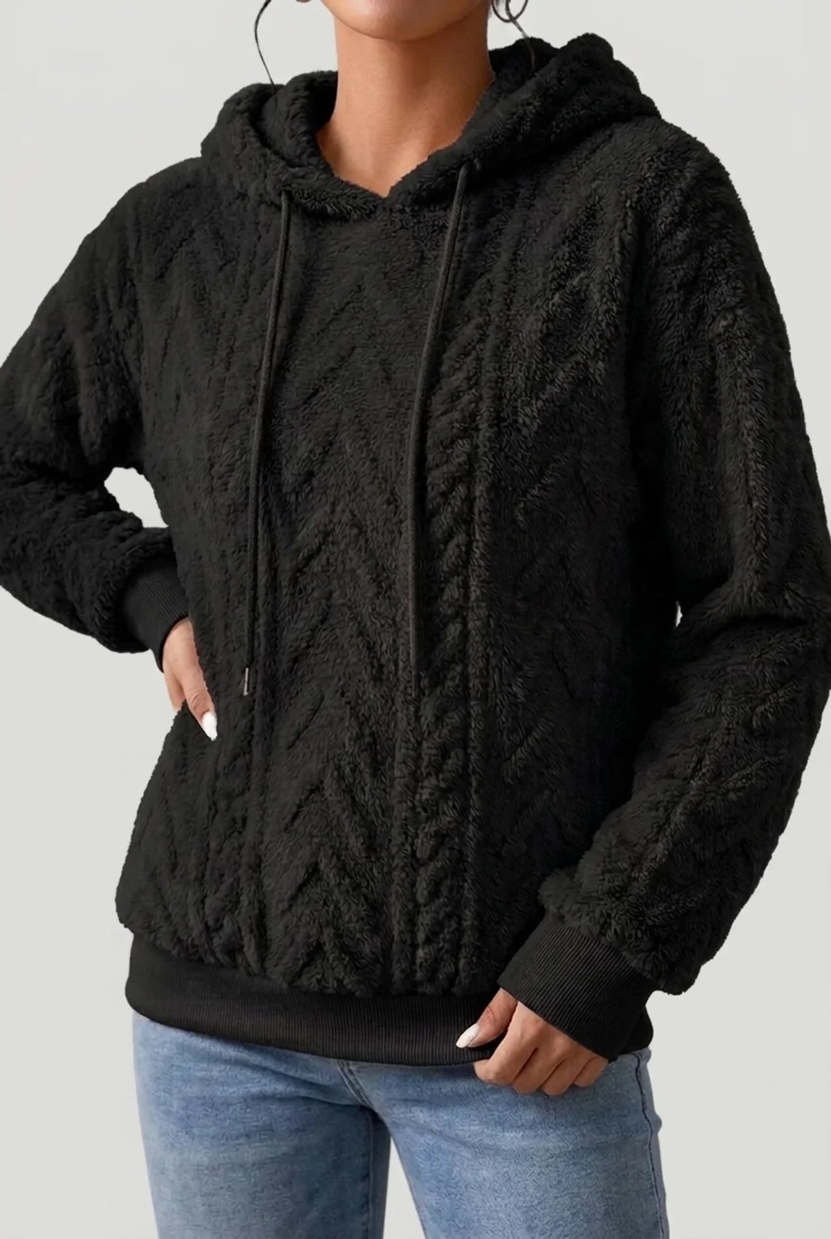 Friedel - Women's Cable Knit Hoodie with Drawstring – Black