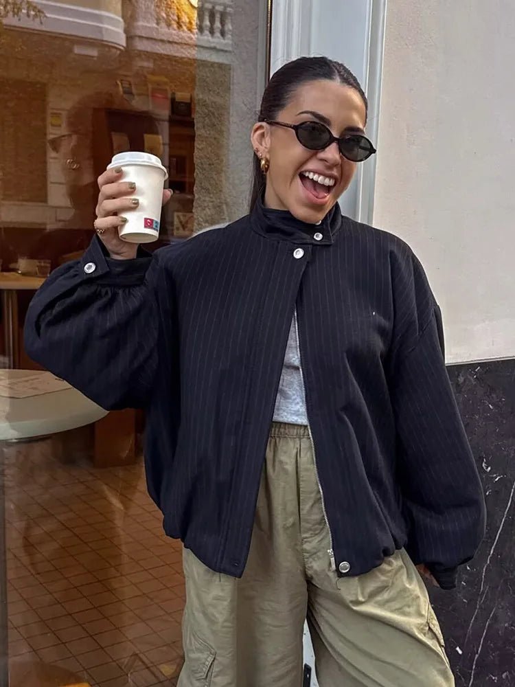 Ivy - Women's Relaxed Bomber Jacket in Stripe with Button Front - photo 1