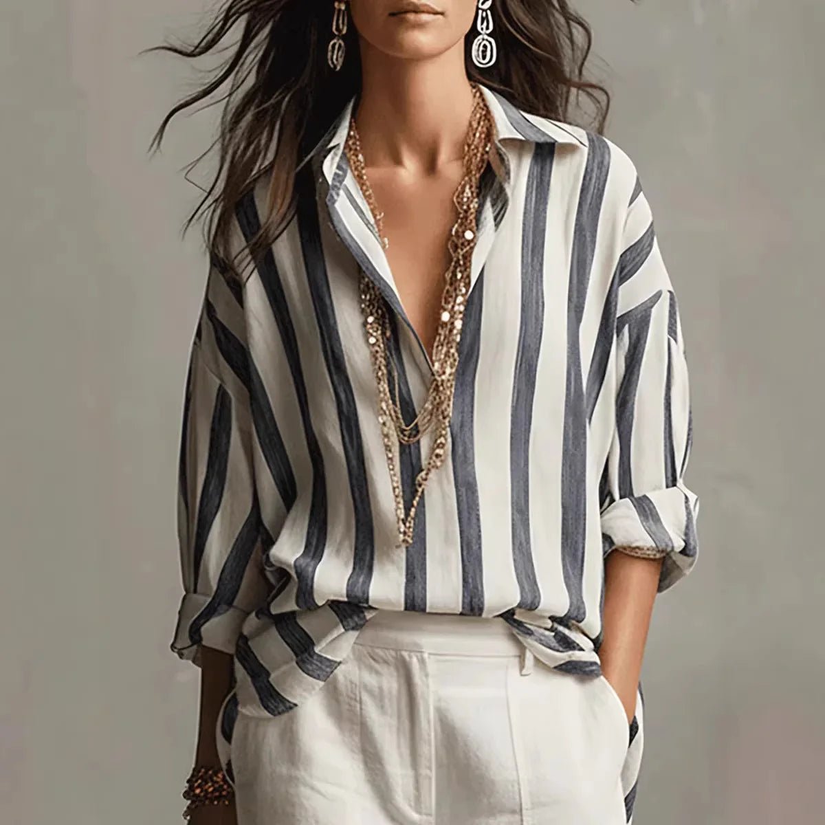 Janette - Women's Vertical Striped Shirt with Open Collar - photo 1