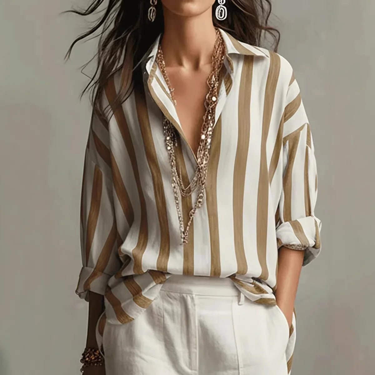 Janette - Women's Vertical Striped Shirt with Open Collar - photo 2