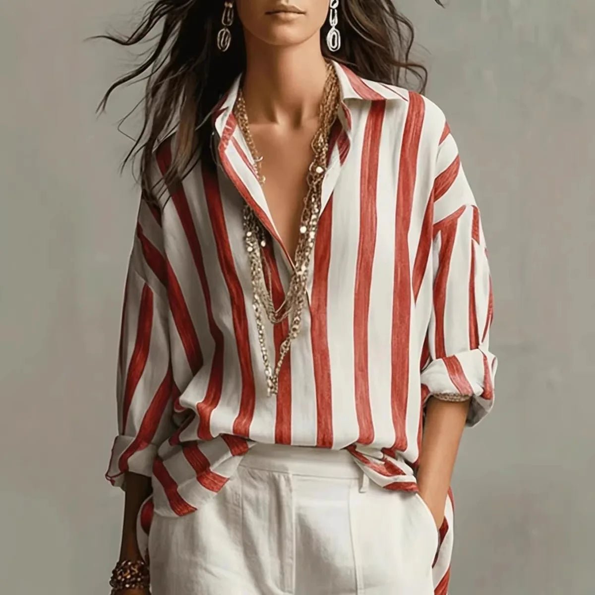 Janette - Women's Vertical Striped Shirt with Open Collar - photo 3