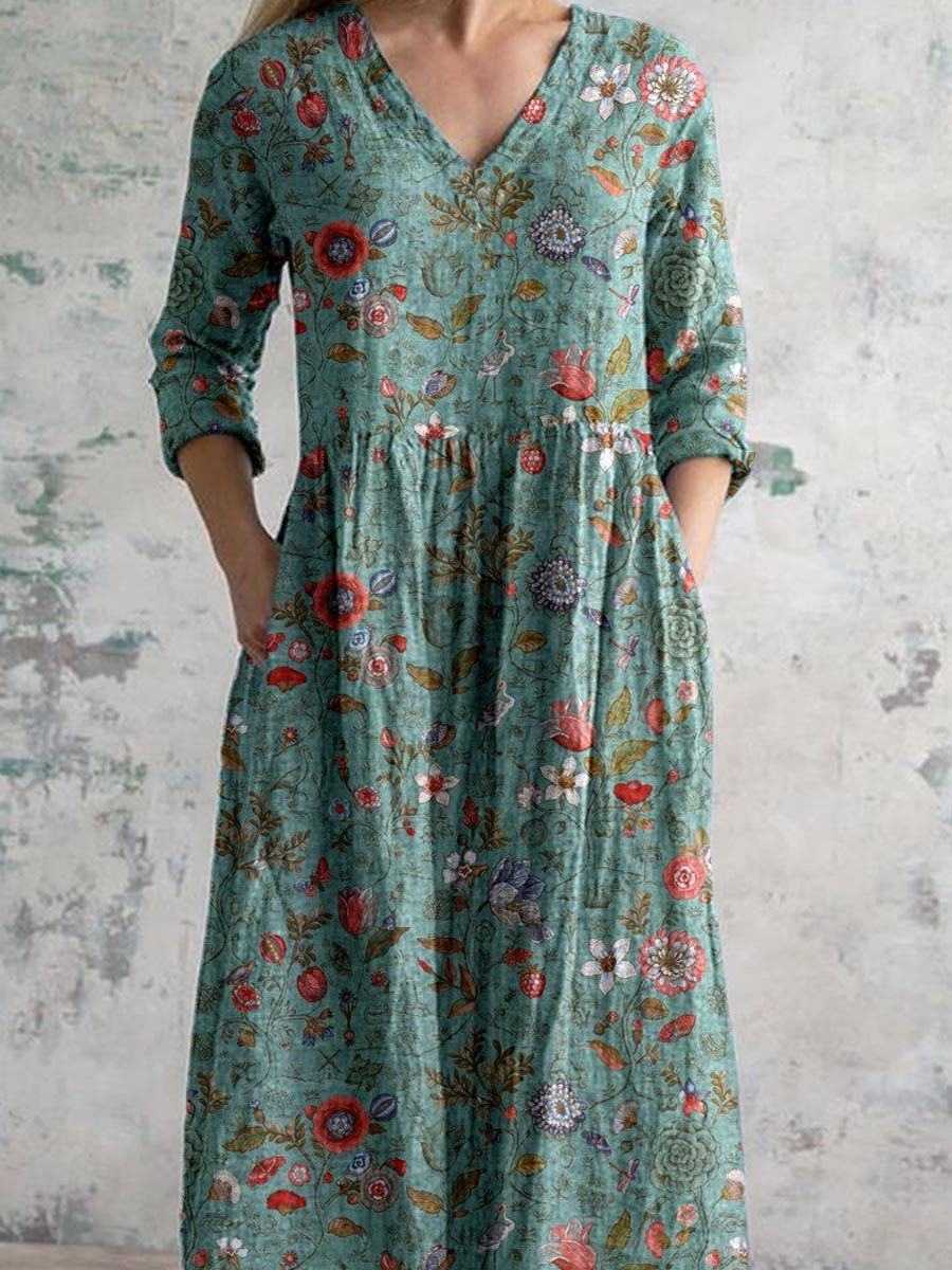 Jeanie - Women's Vintage Floral V Neck Maxi Dress - photo 2