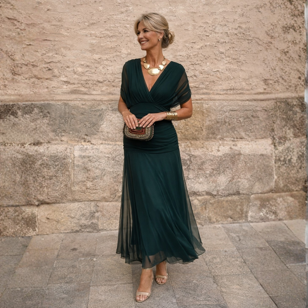 Jemima - Women's Gathered V-neck Midi Dress with Flutter Sleeves - photo 1