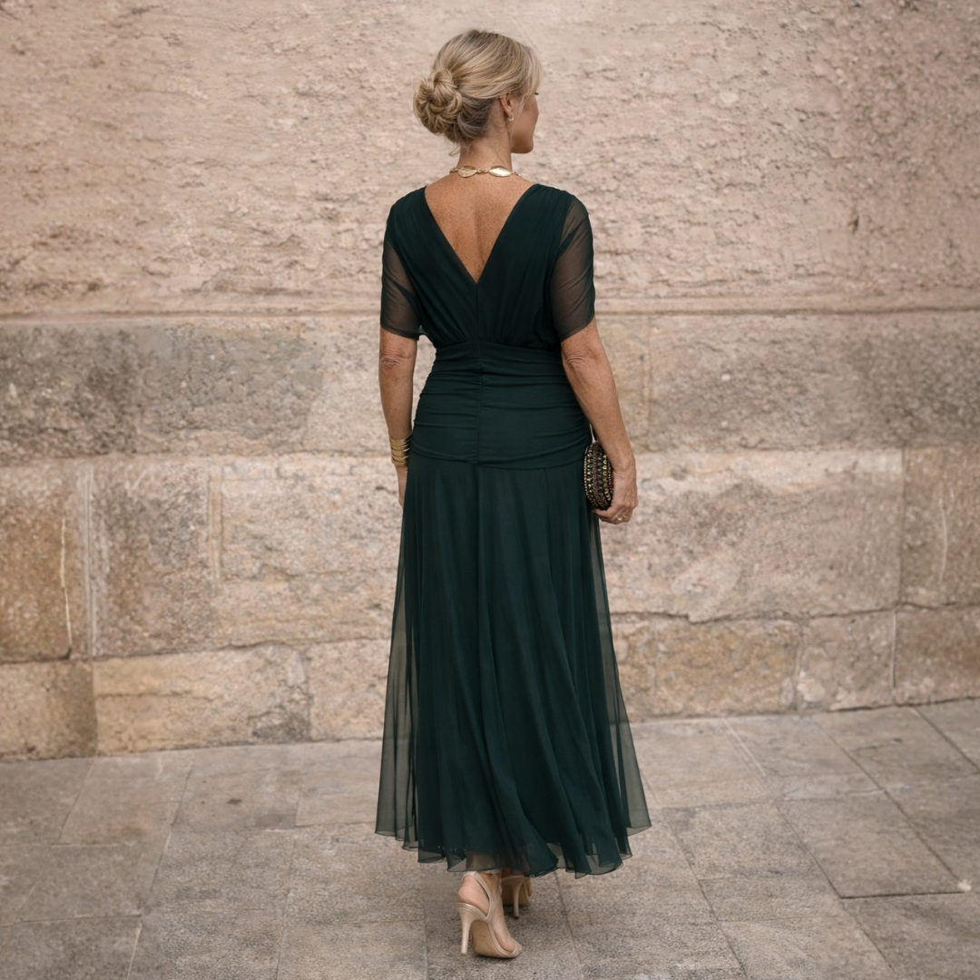 Jemima - Women's Gathered V-neck Midi Dress with Flutter Sleeves - photo 11