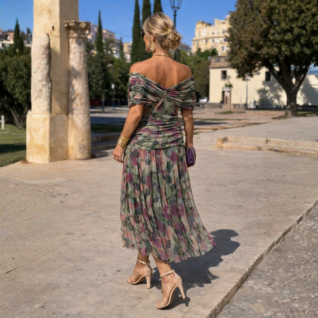 Jemima - Women's Gathered V-neck Midi Dress with Flutter Sleeves - photo 12