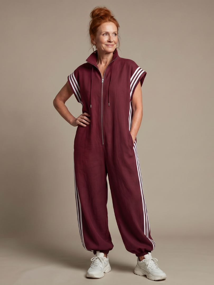Jennie - Women's Zip Front Jumpsuit with Stripe Panels - photo 1
