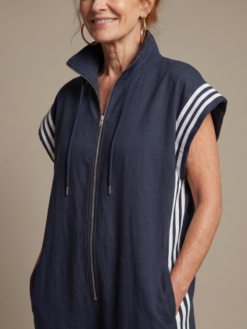 Jennie - Women's Zip Front Jumpsuit with Stripe Panels - photo 11