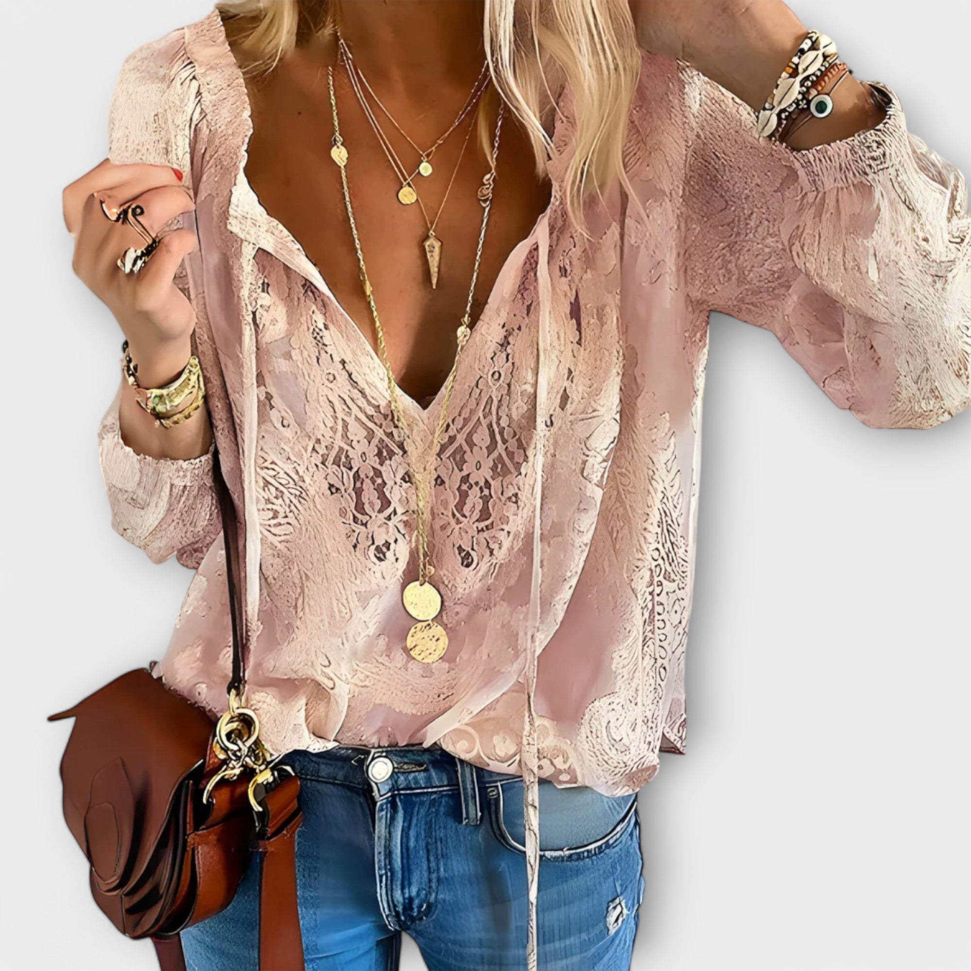Julianne - Women's Boho V Neck Long Sleeve Top - photo 4