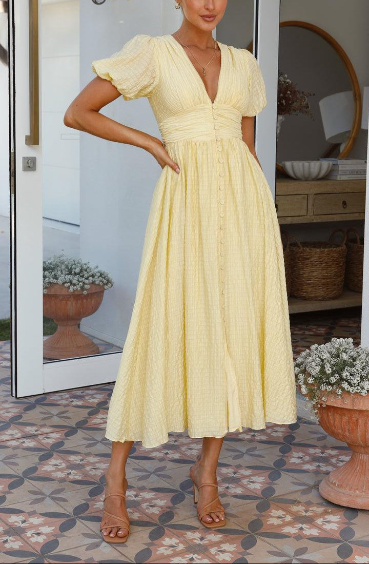 June - Women's Button-Front Midi Dress with Puff Sleeves - photo 4
