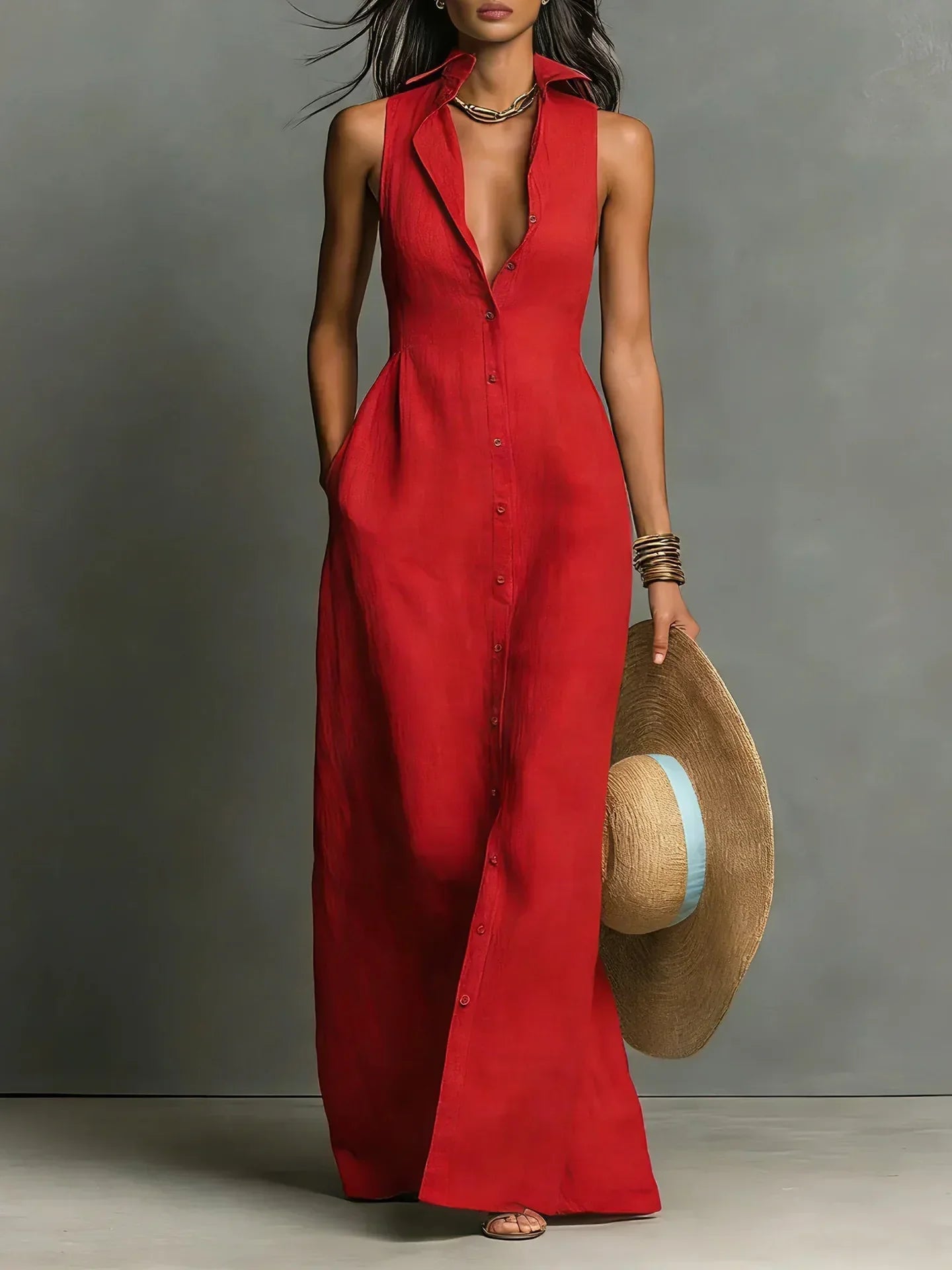 Karlene - Women's Sleeveless Collared Linen Maxi Dress - photo 1