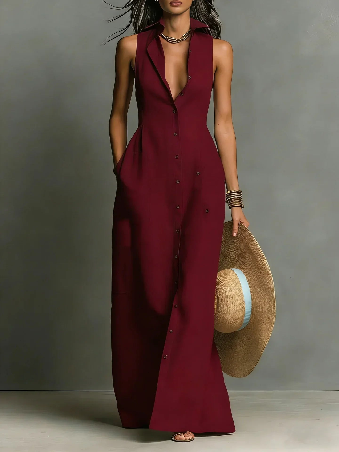 Karlene - Women's Sleeveless Collared Linen Maxi Dress - photo 2