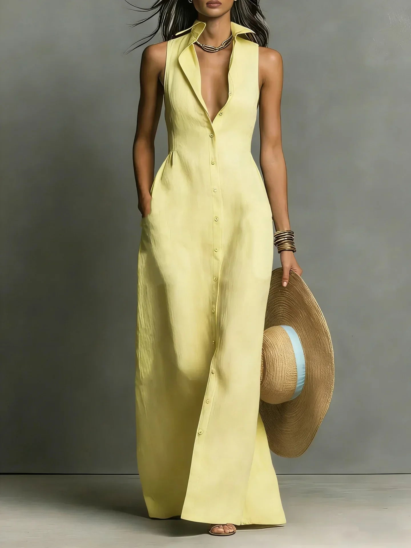 Karlene - Women's Sleeveless Collared Linen Maxi Dress - photo 3