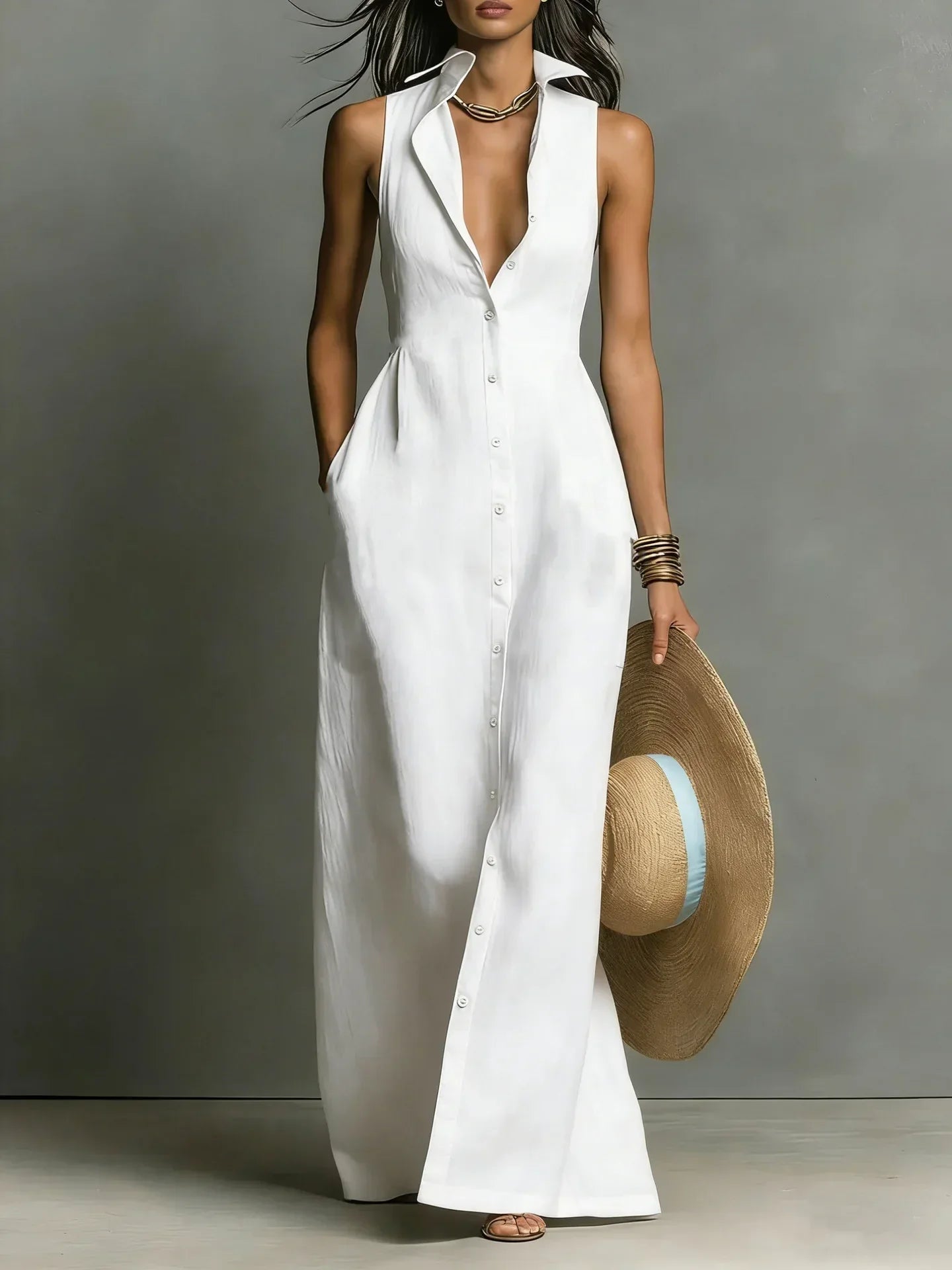 Karlene - Women's Sleeveless Collared Linen Maxi Dress - photo 4