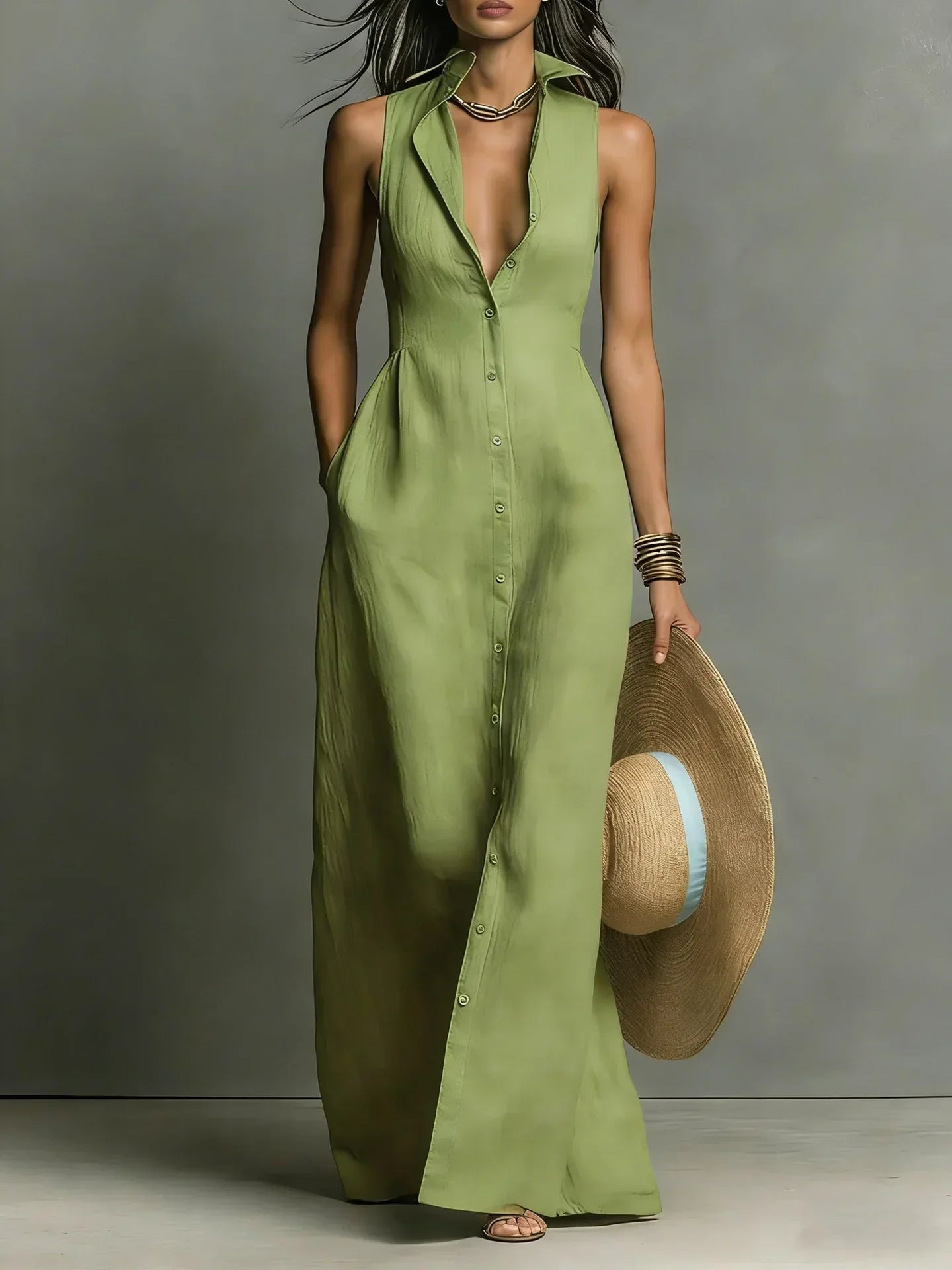 Karlene - Women's Sleeveless Collared Linen Maxi Dress - photo 6