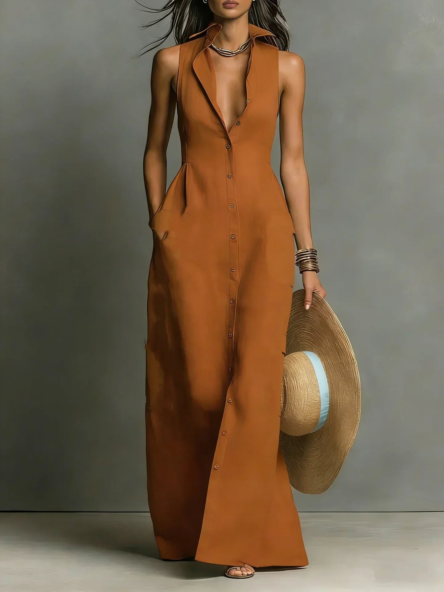 Karlene - Women's Sleeveless Collared Linen Maxi Dress - photo 7