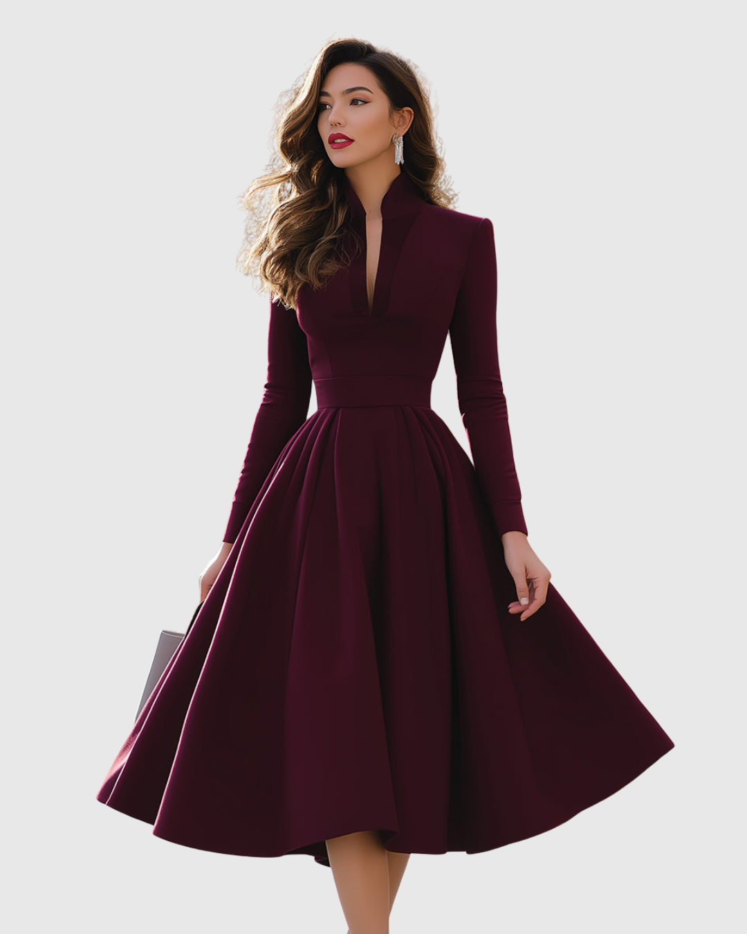 Leona - Women's Deep V Neck Midi Dress with Full Skirt - photo 1