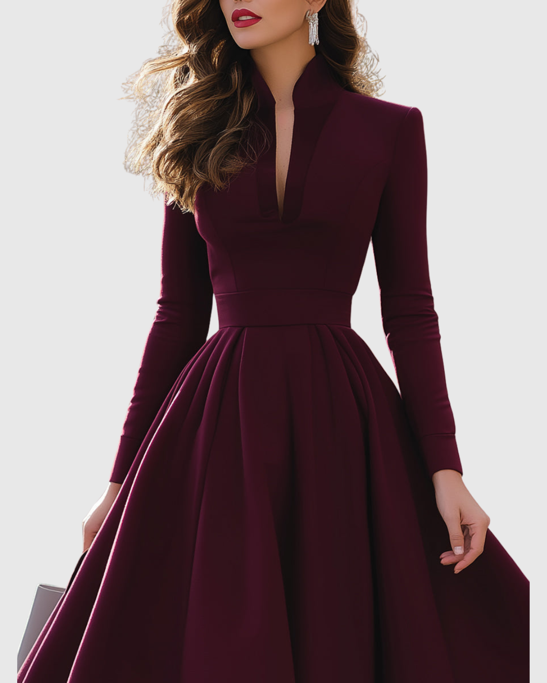 Leona - Women's Deep V Neck Midi Dress with Full Skirt - photo 2