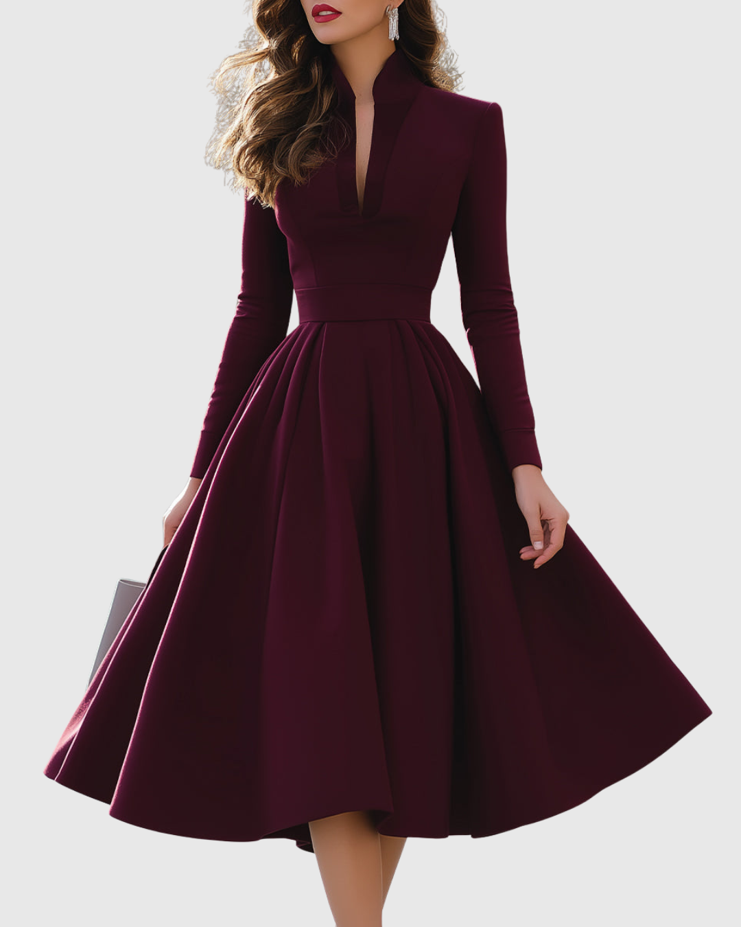 Leona - Women's Deep V Neck Midi Dress with Full Skirt - photo 3