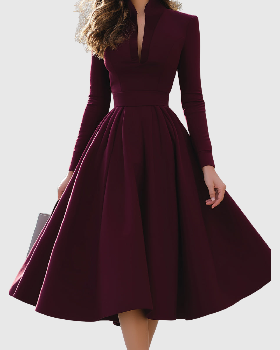 Leona - Women's Deep V Neck Midi Dress with Full Skirt - photo 4