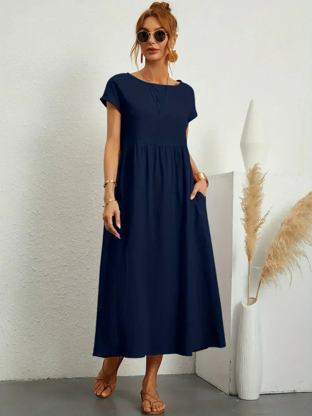 Leonora - Women's Short Sleeve Midi Dress with Relaxed A-line Silhouette - photo 3