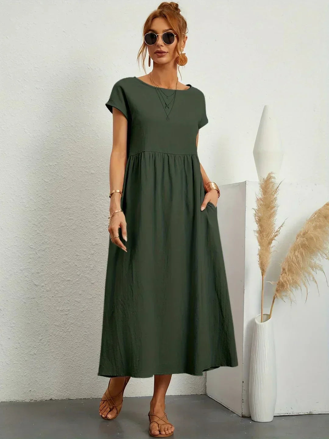 Leonora - Women's Short Sleeve Midi Dress with Relaxed A-line Silhouette - photo 4