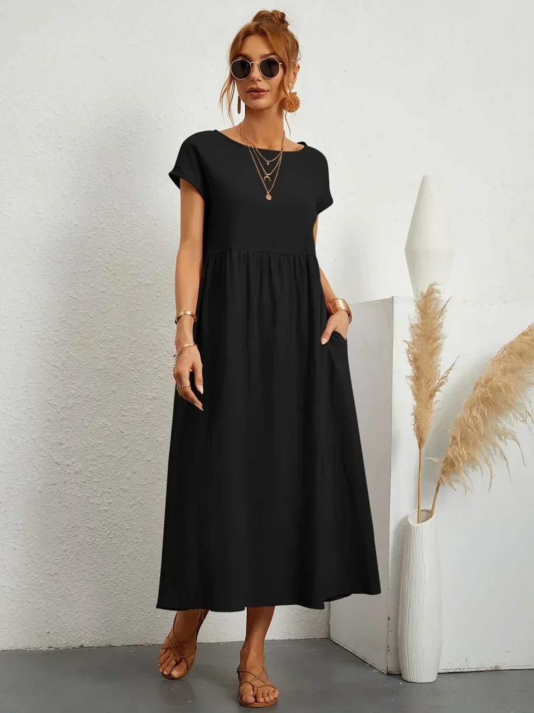 Leonora - Women's Short Sleeve Midi Dress with Relaxed A-line Silhouette - photo 5