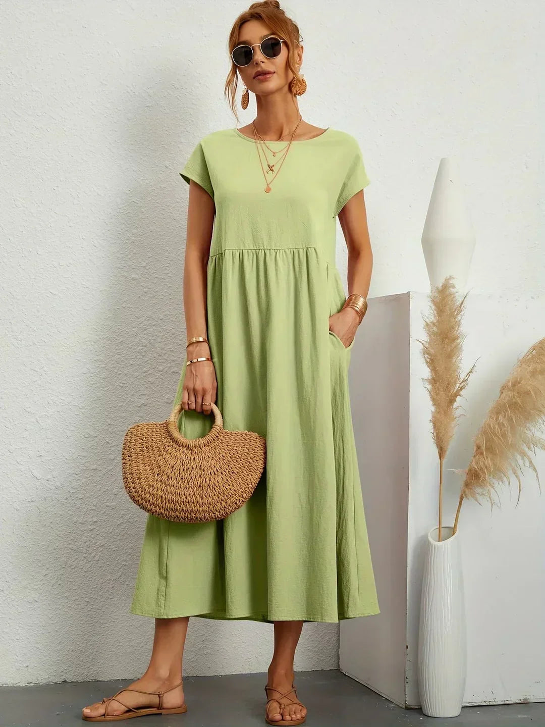 Leonora - Women's Short Sleeve Midi Dress with Relaxed A-line Silhouette - photo 6