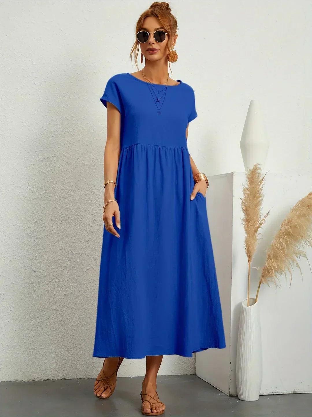 Leonora - Women's Short Sleeve Midi Dress with Relaxed A-line Silhouette - photo 7