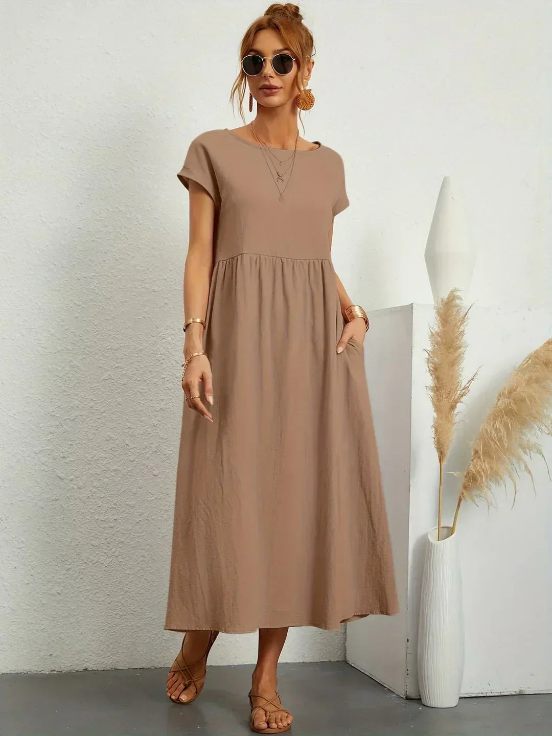 Leonora - Women's Short Sleeve Midi Dress with Relaxed A-line Silhouette - photo 8