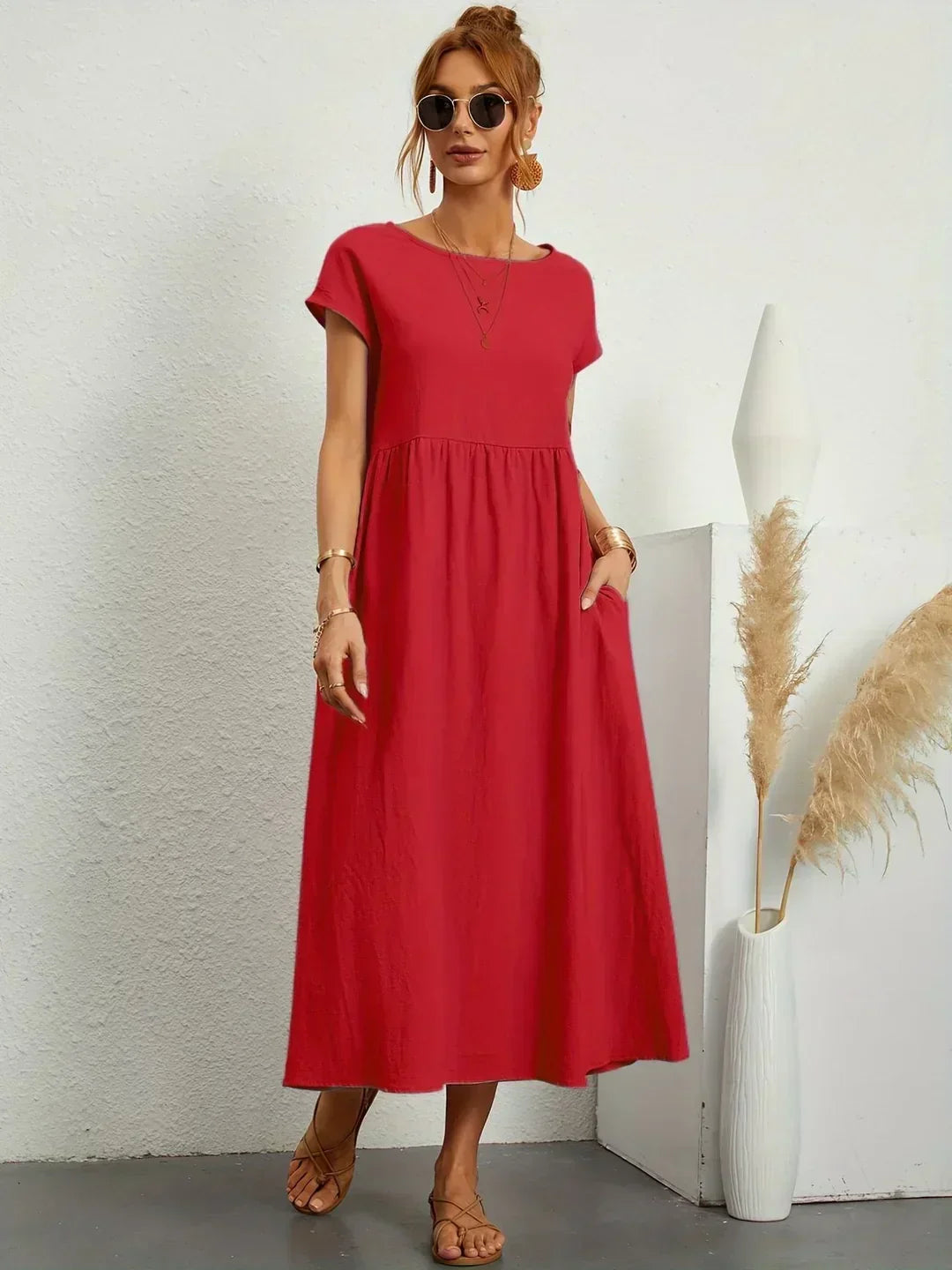 Leonora - Women's Short Sleeve Midi Dress with Relaxed A-line Silhouette - photo 9