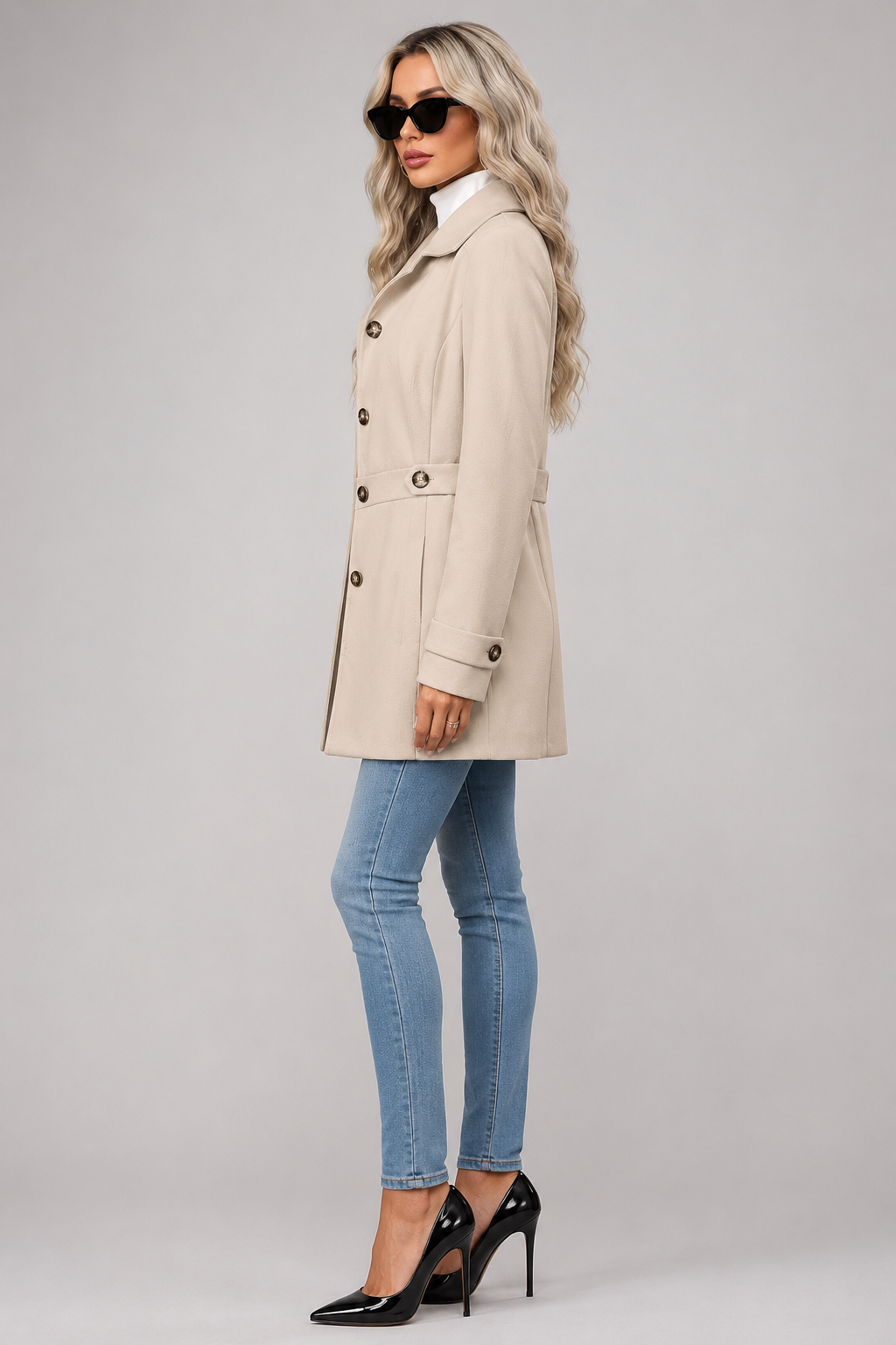 Lilly - Women's Mid-Length Belted Coat with Notch Lapels – view 4