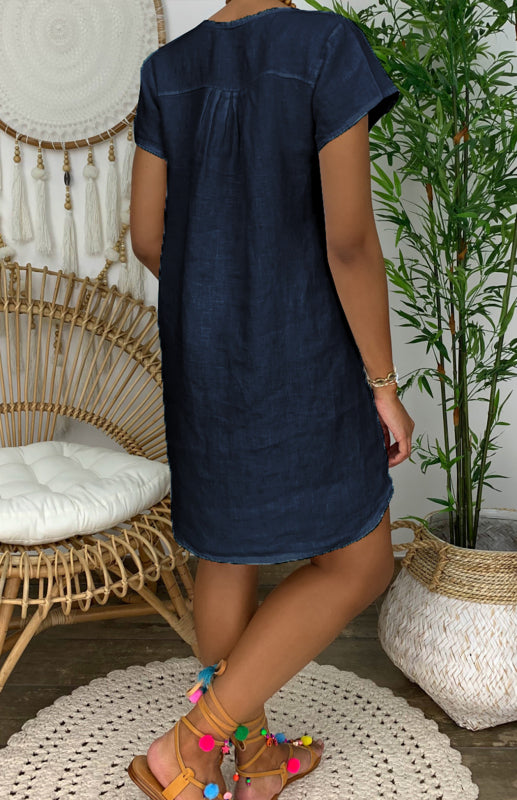 Lily - Women's V-Neck Linen Dress with Rolled Sleeves and Curved Hem - photo 17