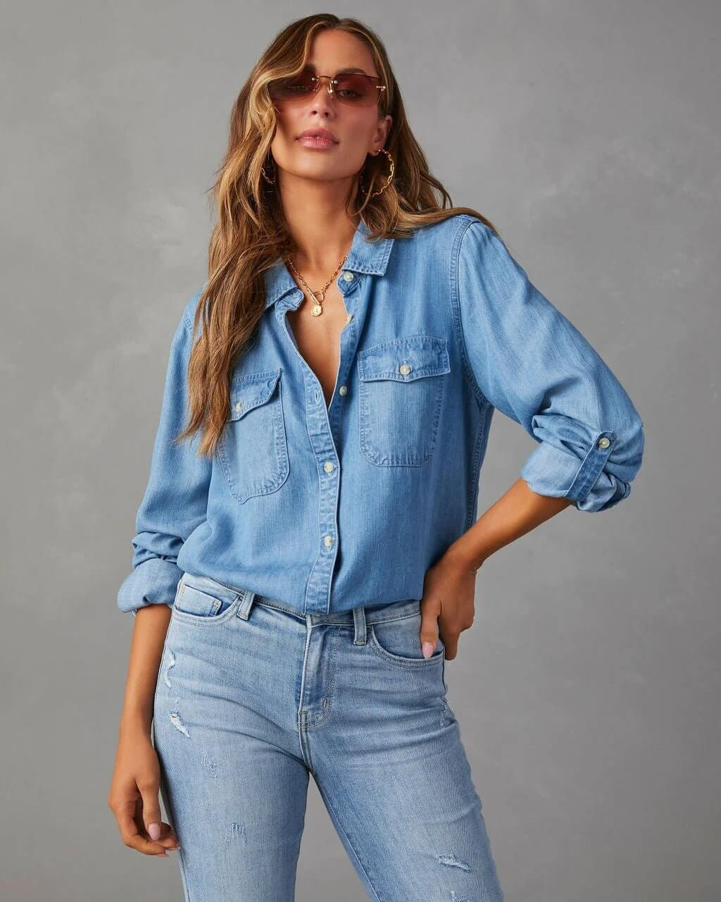 Liv - Women's Shirt in Denim with Long Sleeves - photo 3