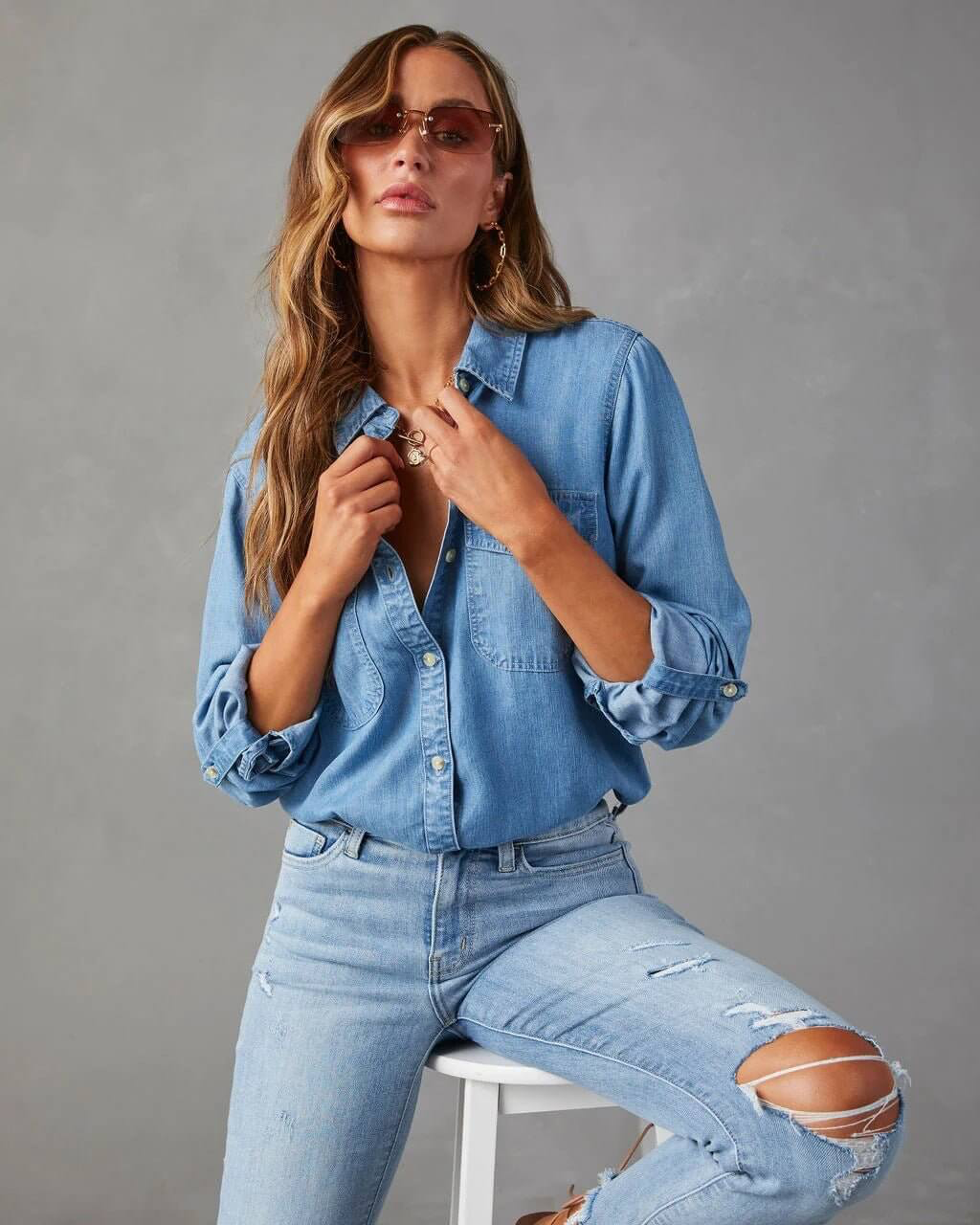 Liv - Women's Shirt in Denim with Long Sleeves - photo 6