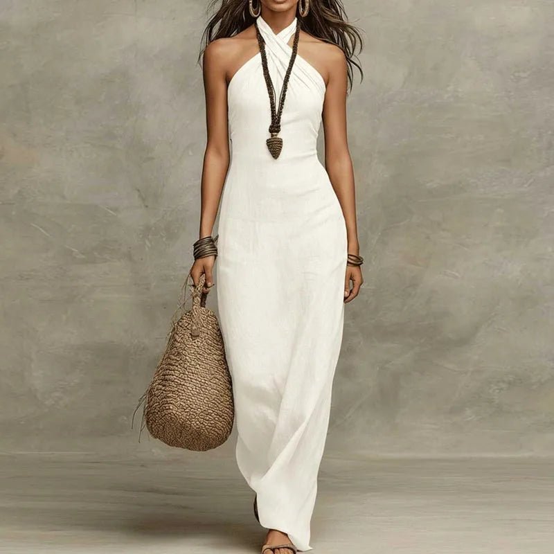 Lucinda - Women's Halter Neck Maxi Dress with Criss Cross Back - photo 1