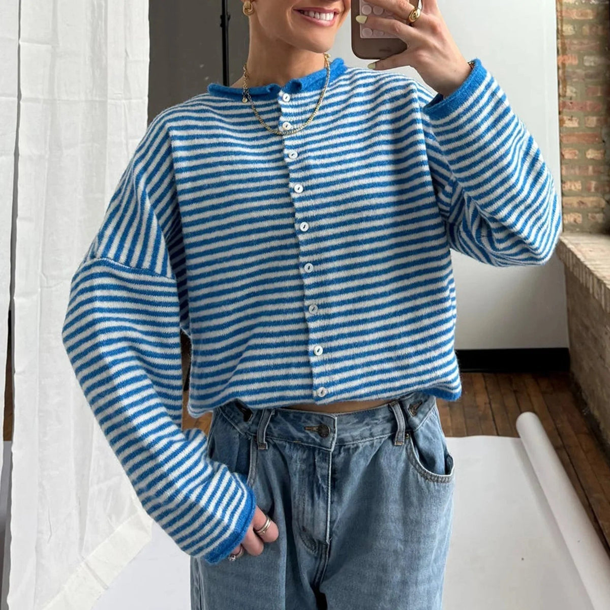 Luna - Women's Cardigan in Stripe with Button Front - photo 3