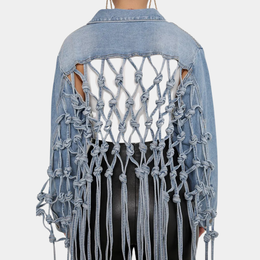 Luna - Women's Cropped Denim Jacket with Fringe Detail - photo 4