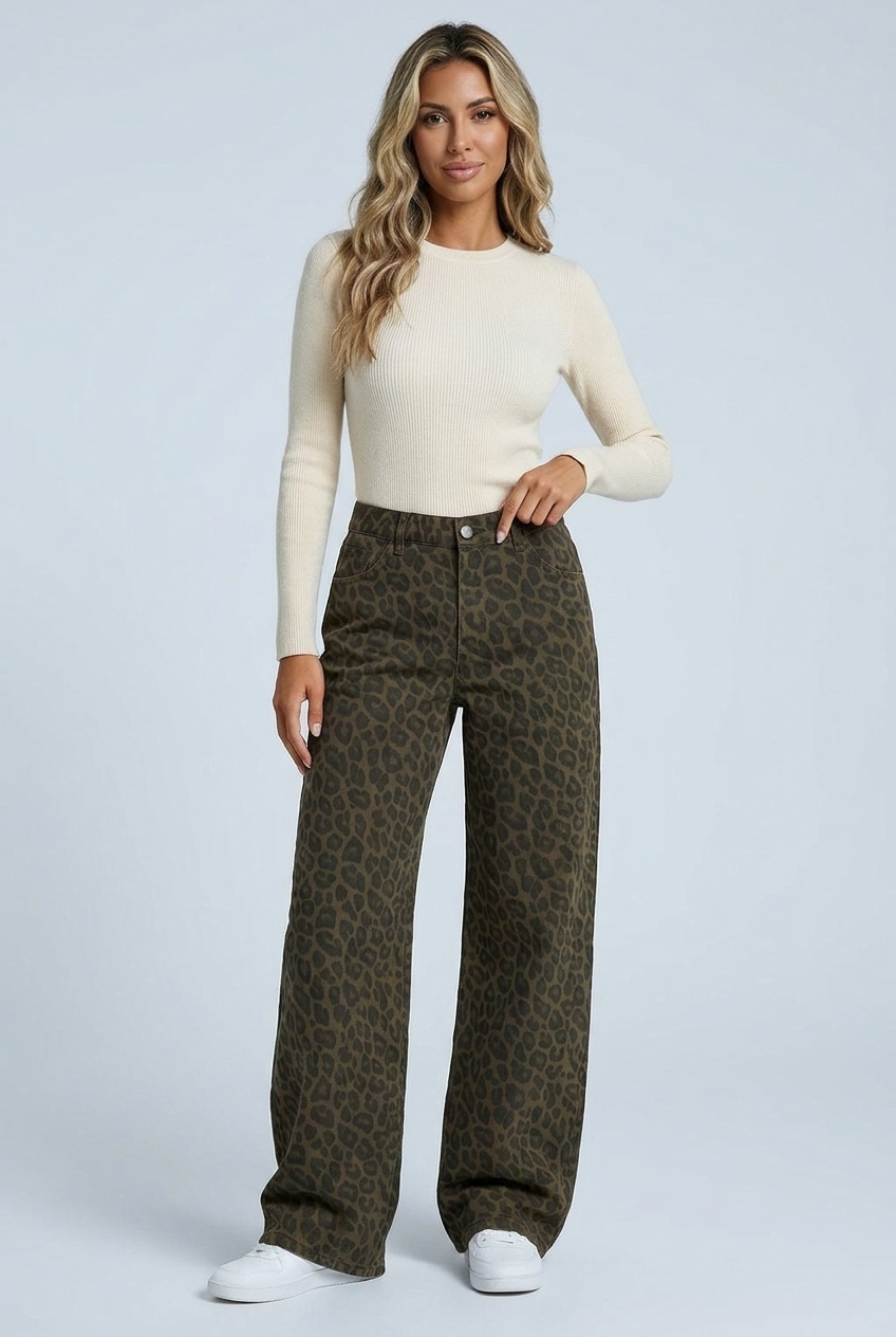 Maeve women's leopard print denim wide-leg trousers on model