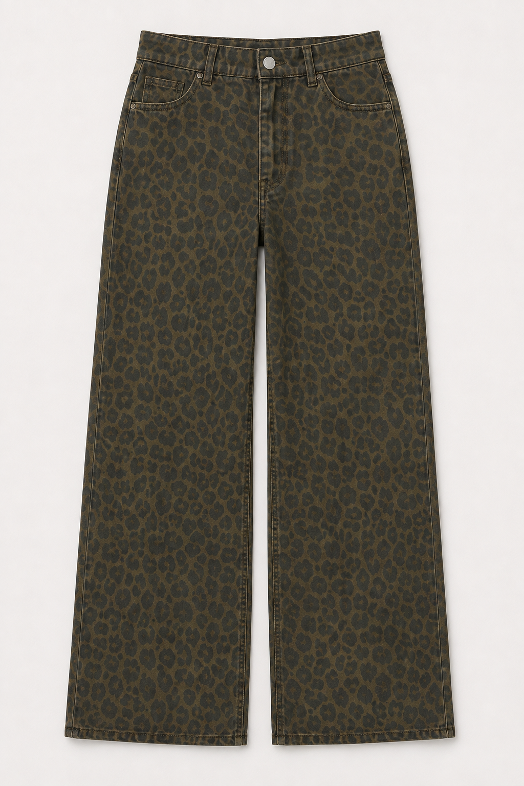 Leopard print denim trousers photographed flat