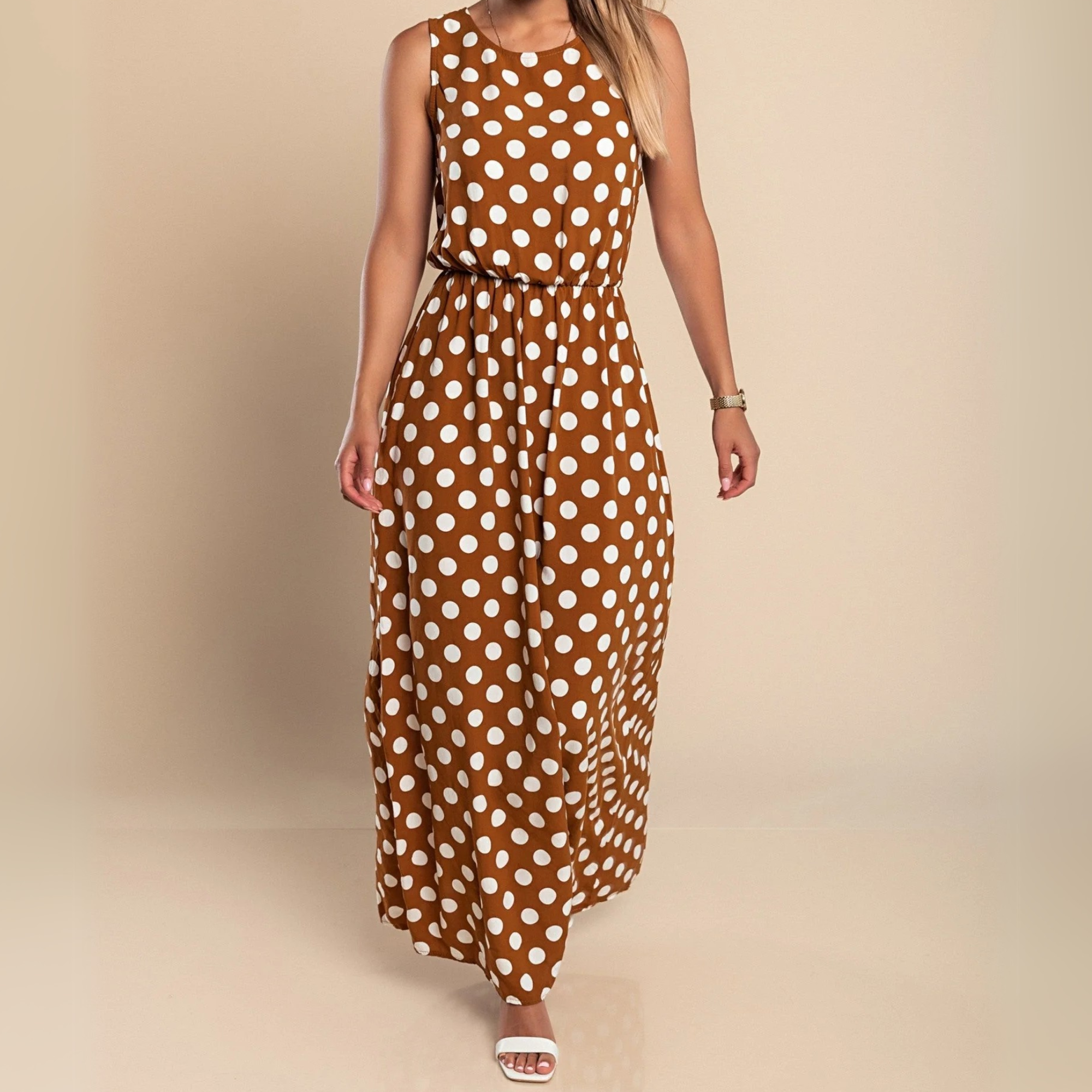 Marlowe - Women's Maxi Dress in Polka Dot Print with Tie Belt - photo 1