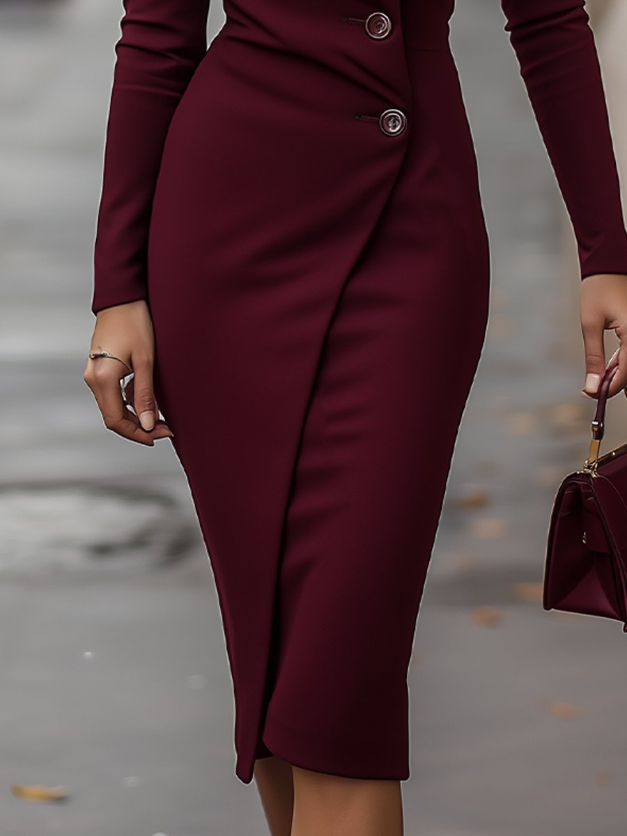Melinda - Women's V Neck Bodycon Midi Dress with Buttons - photo 4
