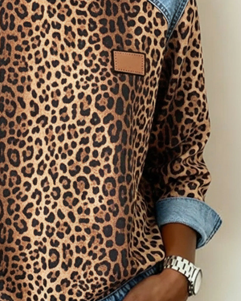 Millicent - Women's Leopard Print Denim Patchwork Jumper - photo 3