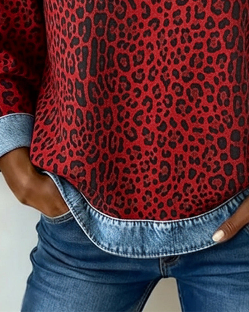 Millicent - Women's Leopard Print Denim Patchwork Jumper - photo 9