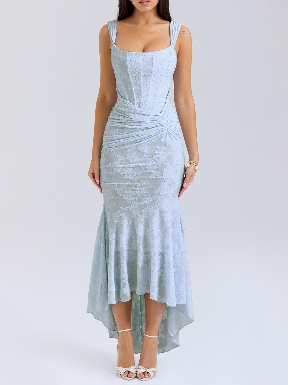Mother of the Bride Dress Corset Jacquard Lace Mermaid Midi in Blue