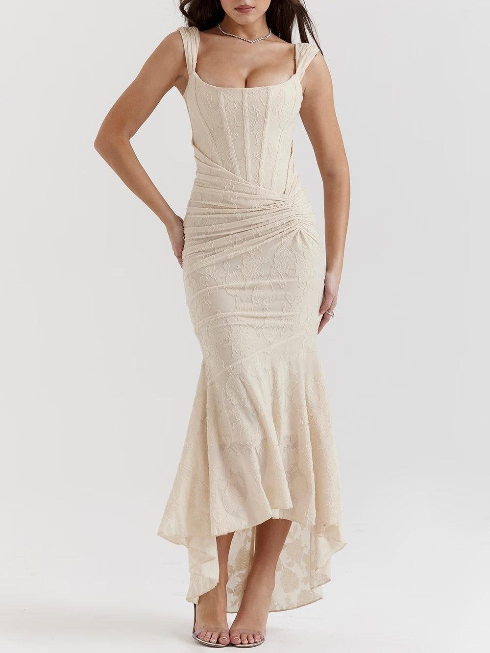 Isabella – Robe de cérémonie pour mère de la mariée, corset en jacquard et dentelle, coupe sirène, longueur midi