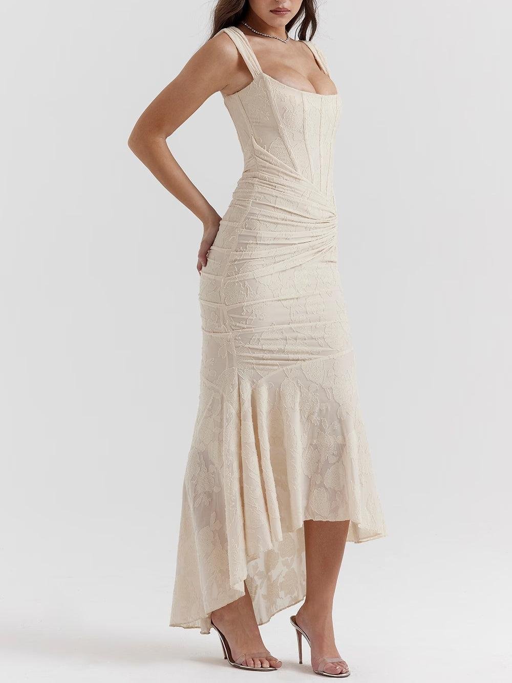 Isabella – Robe de cérémonie pour mère de la mariée, corset en jacquard et dentelle, coupe sirène, longueur midi