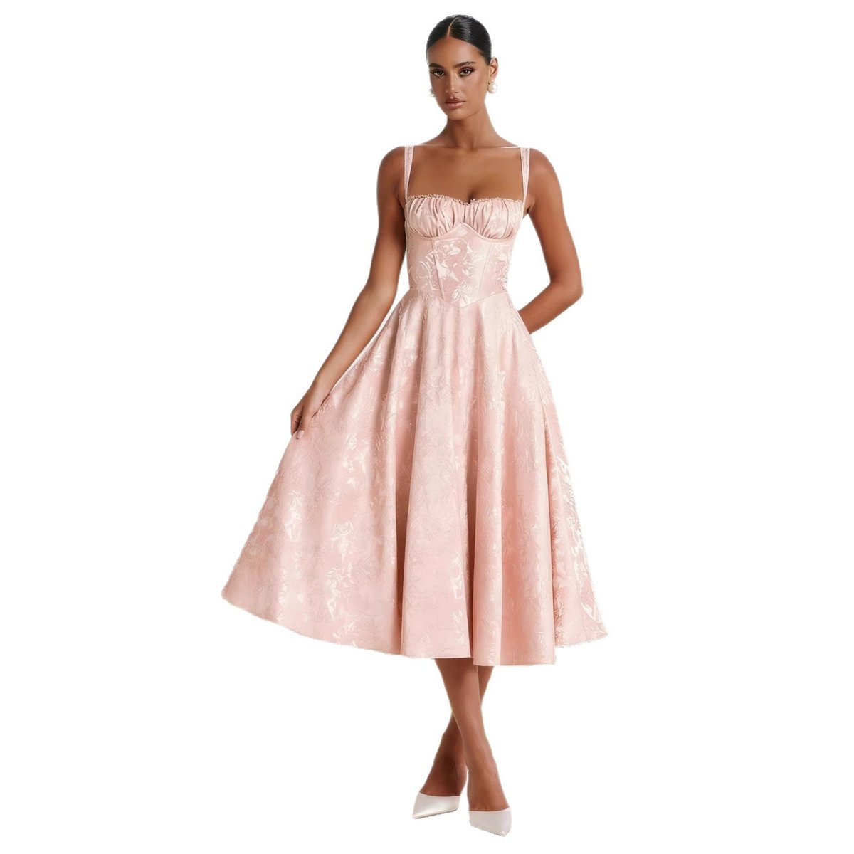 Nancy - Women's Ruched Bodice Jacquard Midi Cocktail Dress Flared Skirt - photo 4