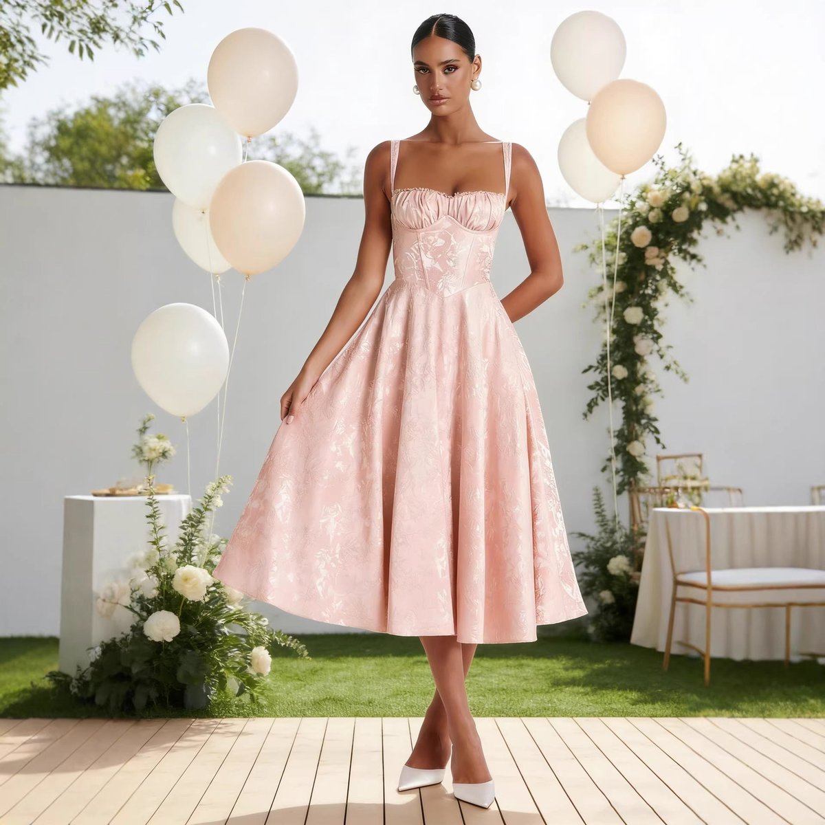 Nancy - Women's Ruched Bodice Jacquard Midi Cocktail Dress Flared Skirt - photo 5