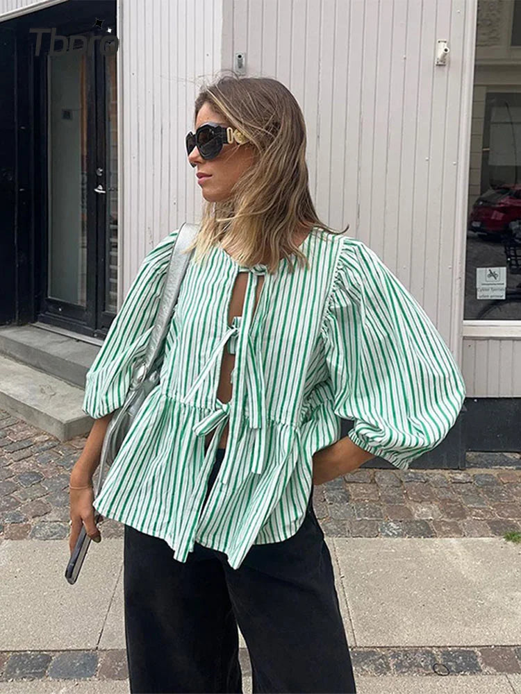 Nerys - Women's Blouse with Tie Front and Puff Sleeves - photo 1